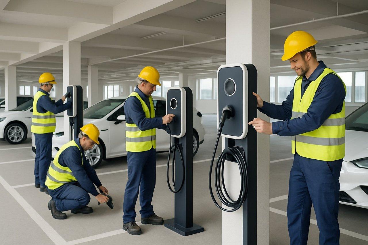 Une équipe de techniciens en uniformes installe des bornes de recharge électriques modernes dans un parking d’entreprise lumineux.