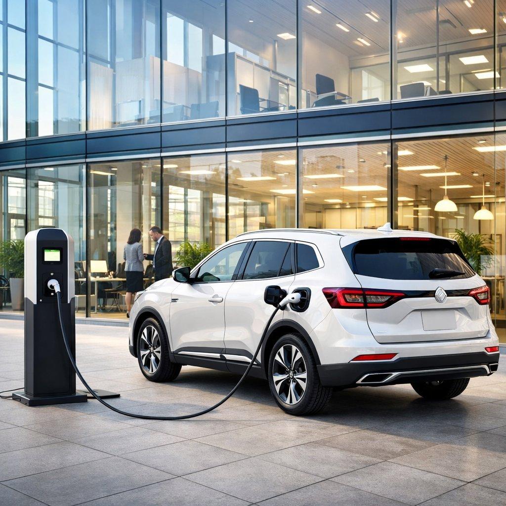 Véhicule hybride rechargeable en charge sur borne électrique devant un bureau moderne, illustrant la gestion énergétique en entreprise.