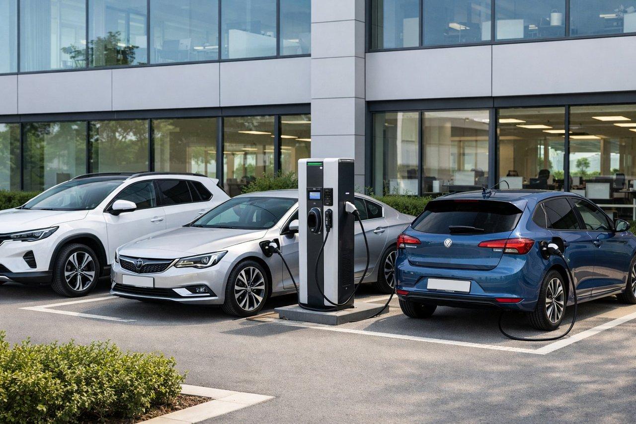 Véhicules électriques et hybrides modernes stationnés devant une borne de recharge en entreprise, gestion optimale en période de congés