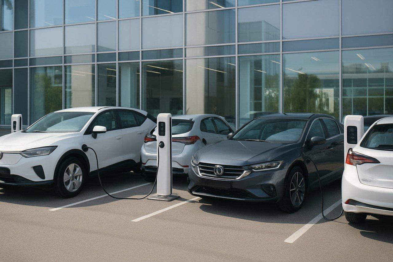 Véhicules électriques et hybrides rechargeables modernes garés devant des bornes de recharge en entreprise.