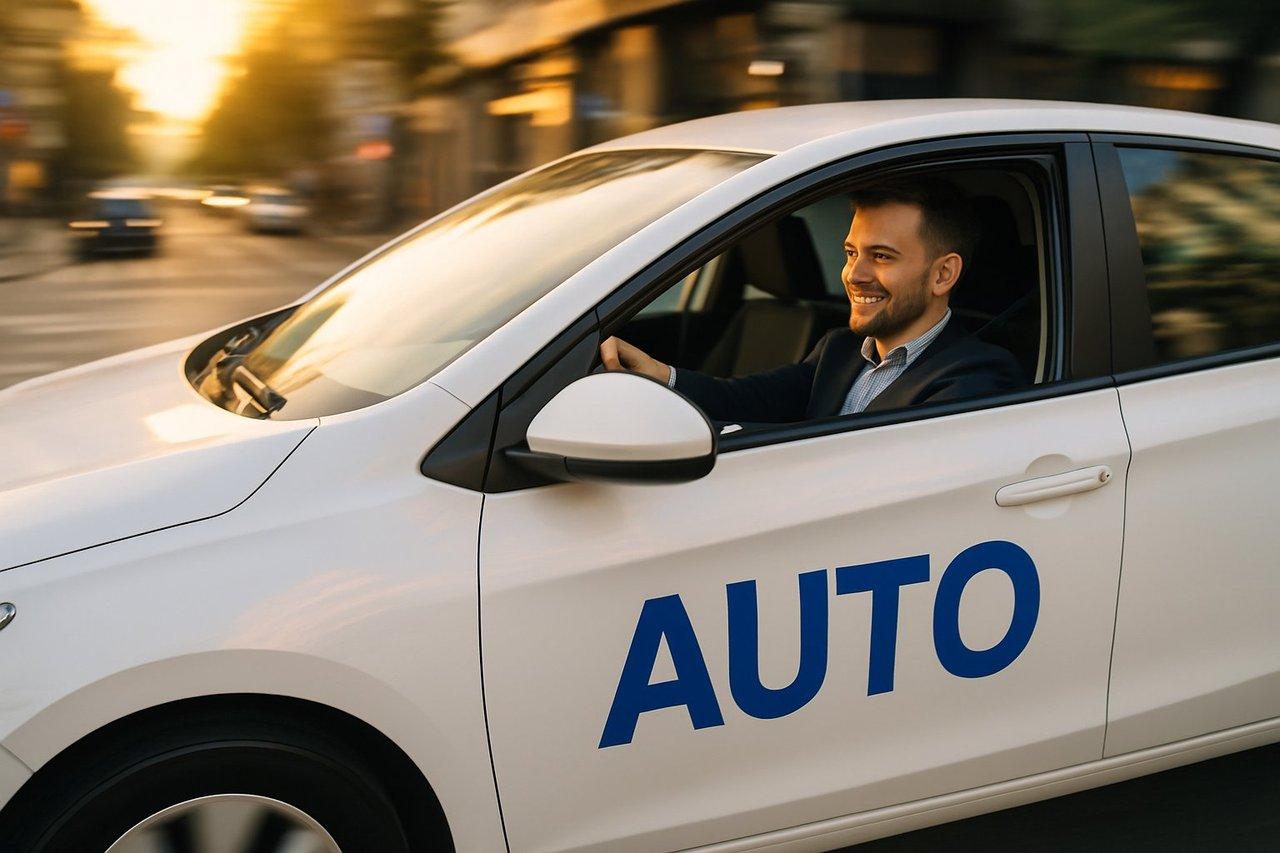 Voiture de fonction floquée en circulation urbaine avec un collaborateur souriant au volant, ambiance lumineuse et dynamique.