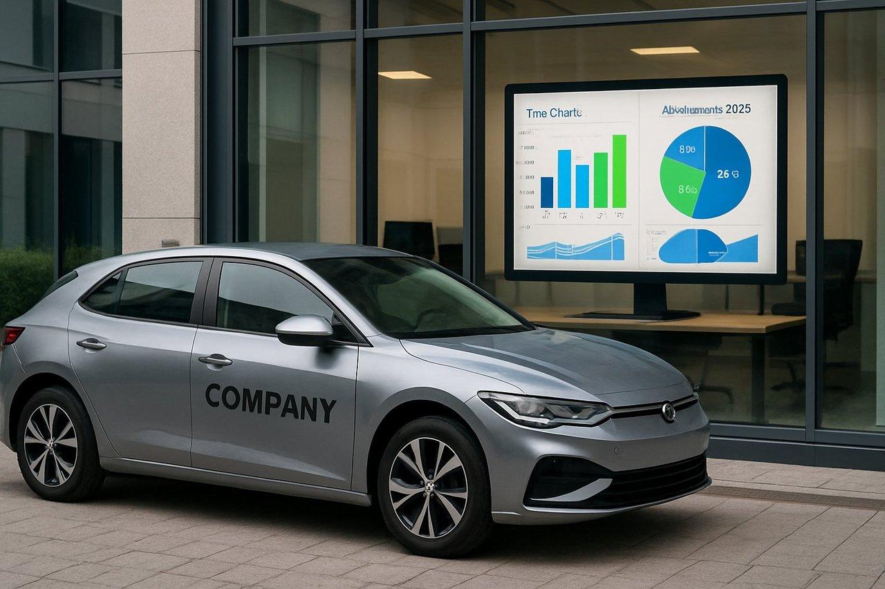 Voiture électrique d’entreprise moderne avec graphiques fiscaux et abattements 2026 pour flotte.