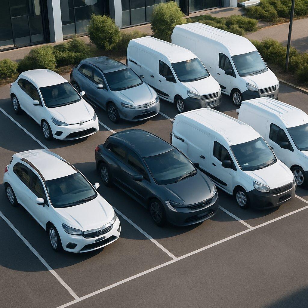 Vue aérienne d’un parc automobile d’entreprise avec véhicules électriques, hybrides et utilitaires, sous éclairage naturel.