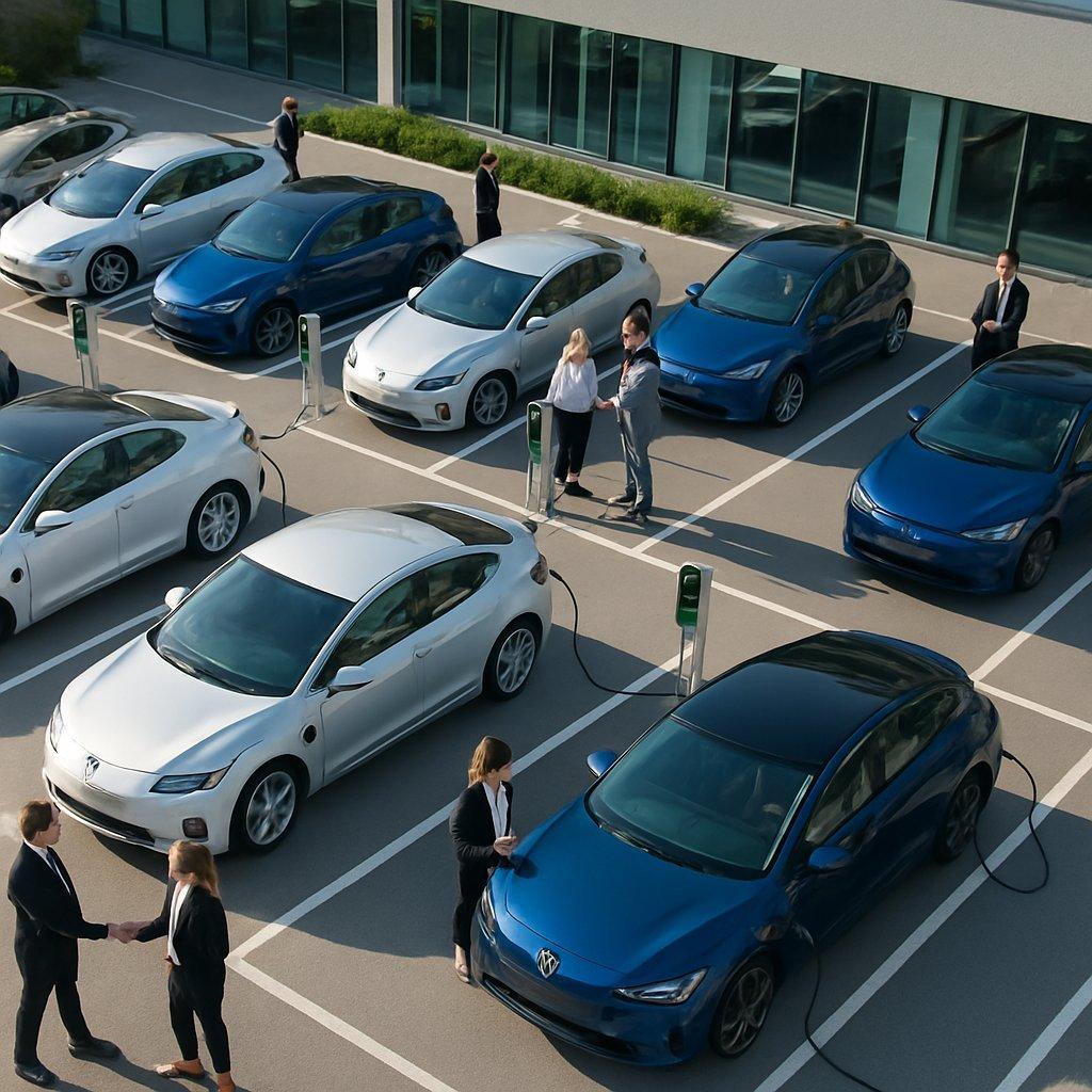 Vue aérienne d’un parking d’entreprise moderne rempli de véhicules électriques variés, illustration de la transition vers une flotte d’entreprise électrique.