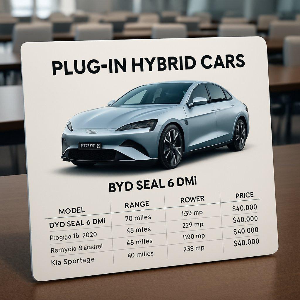 Vue aérienne d’un tableau comparatif moderne de voitures hybrides rechargeables, avec le BYD Seal 6 DMi en tête.