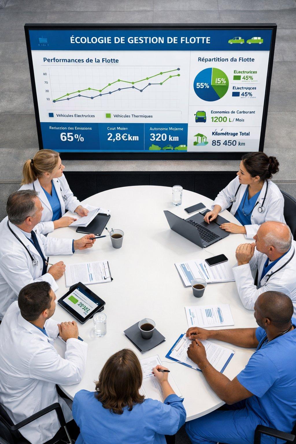 Vue aérienne d'une équipe médicale en réunion stratégique sur la gestion du renouvellement de flotte automobile écologique en 2026.