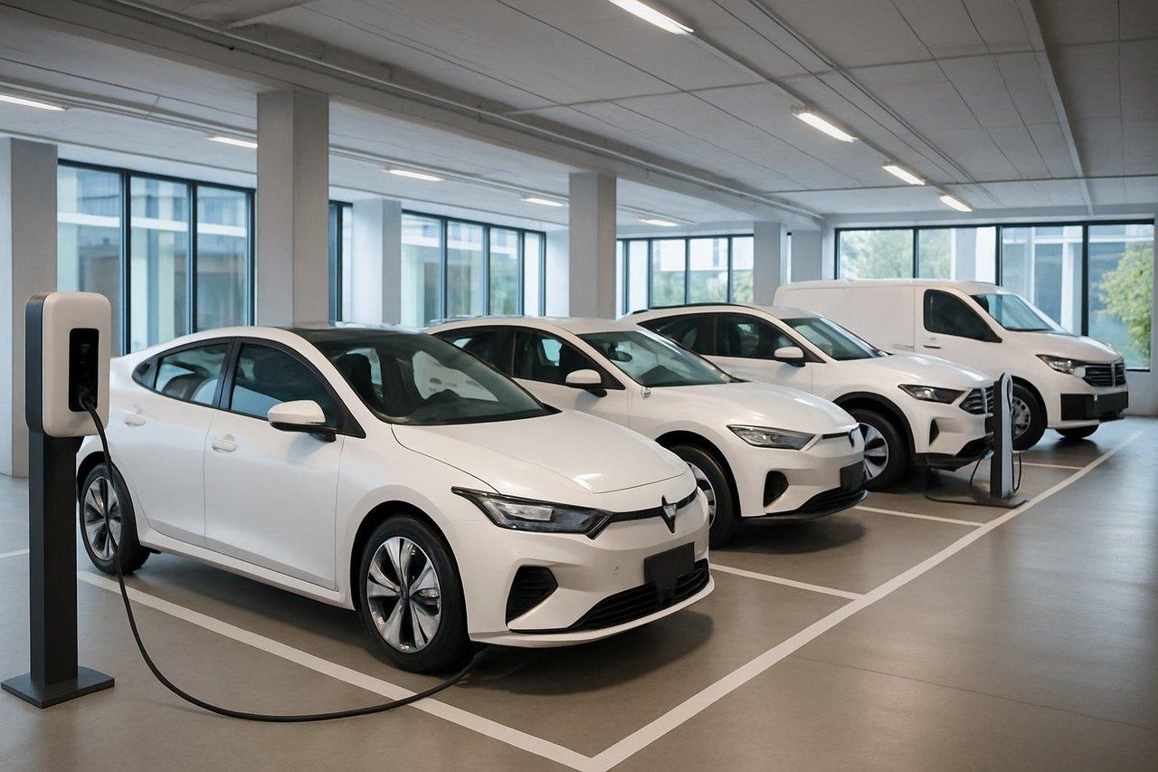 Vue d’ensemble d’une flotte d’entreprise dominée par des véhicules électriques modernes avec bornes de recharge.