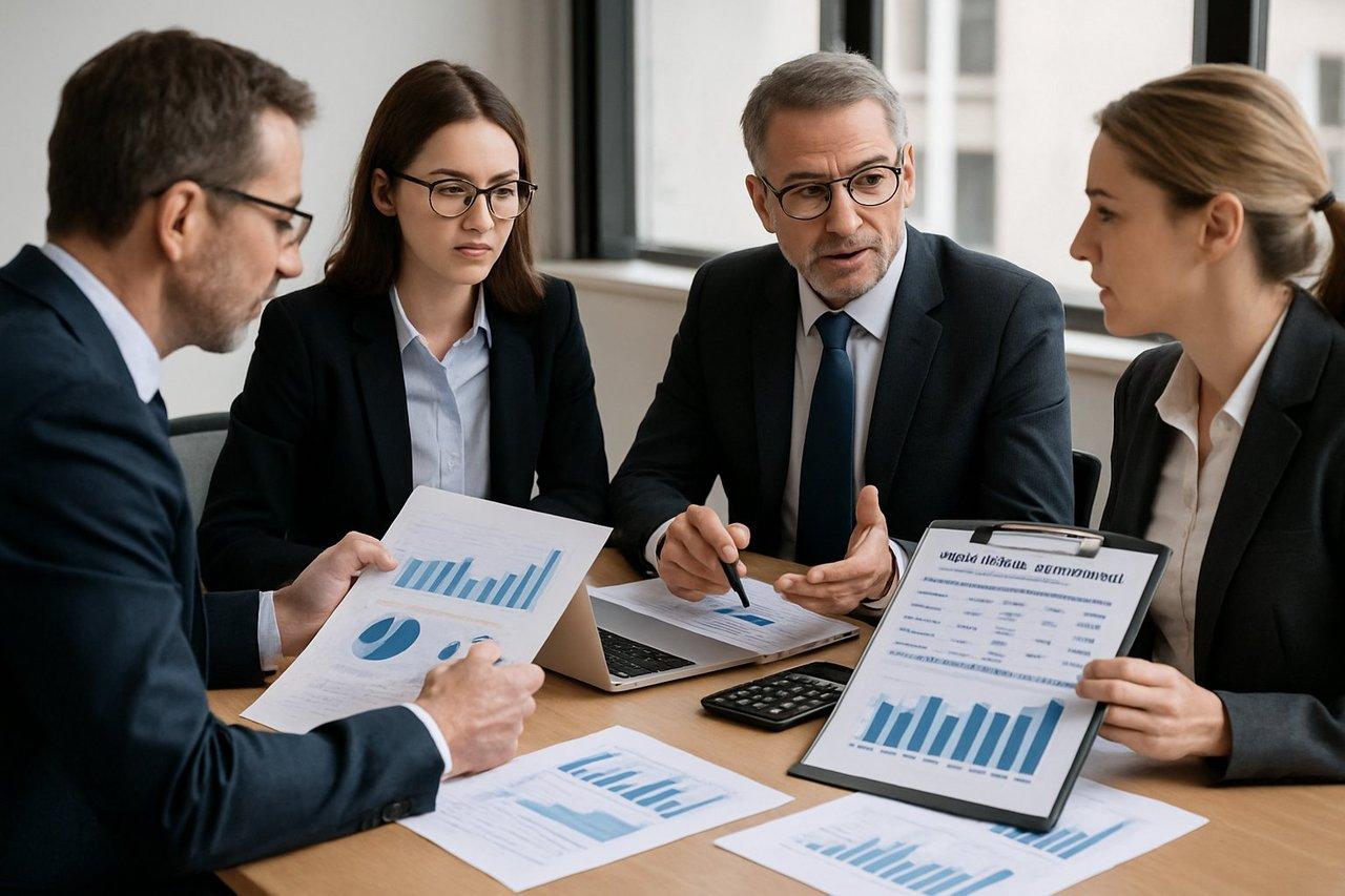 Vue d’ensemble professionnelle d’une réunion d’experts-comptables analysant graphiques et tableaux comparatifs de devis pour flotte de véhicules.