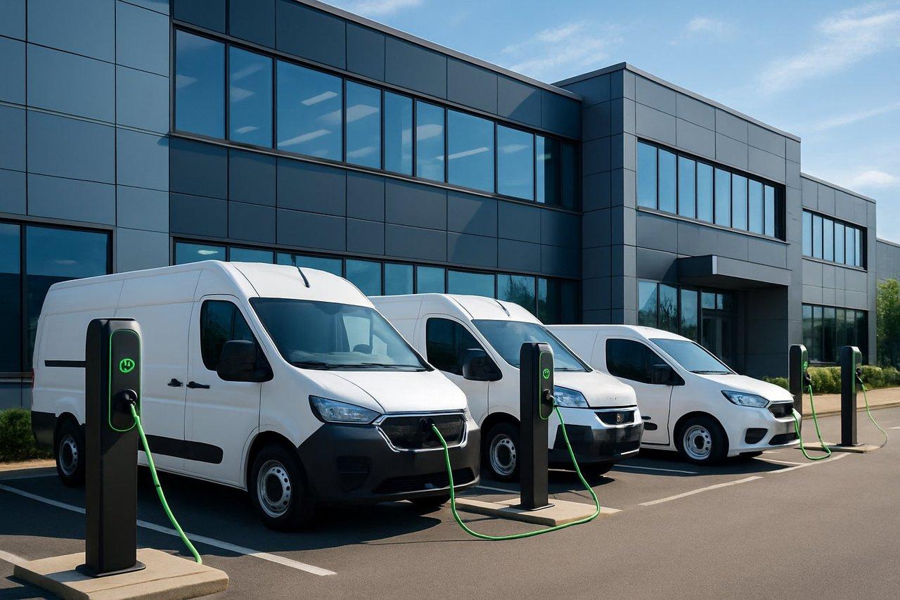 Vue extérieure d'une PME moderne avec des bornes de recharge électrique et une flotte de véhicules utilitaires écologiques sous un ciel clair.