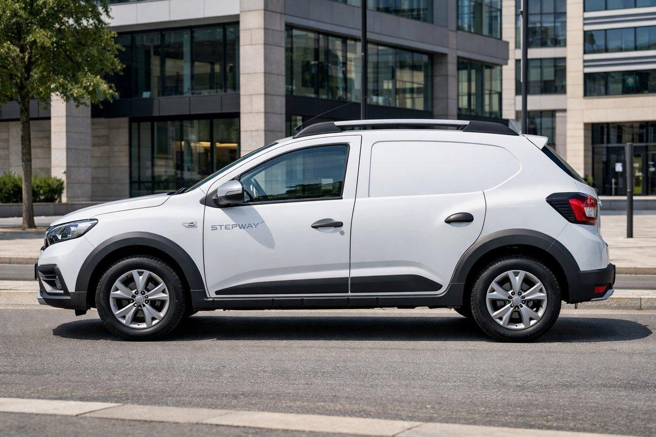 Vue latérale d’une Dacia Sandero Stepway commerciale, affichant son design robuste et ses équipements extérieurs en environnement urbain.