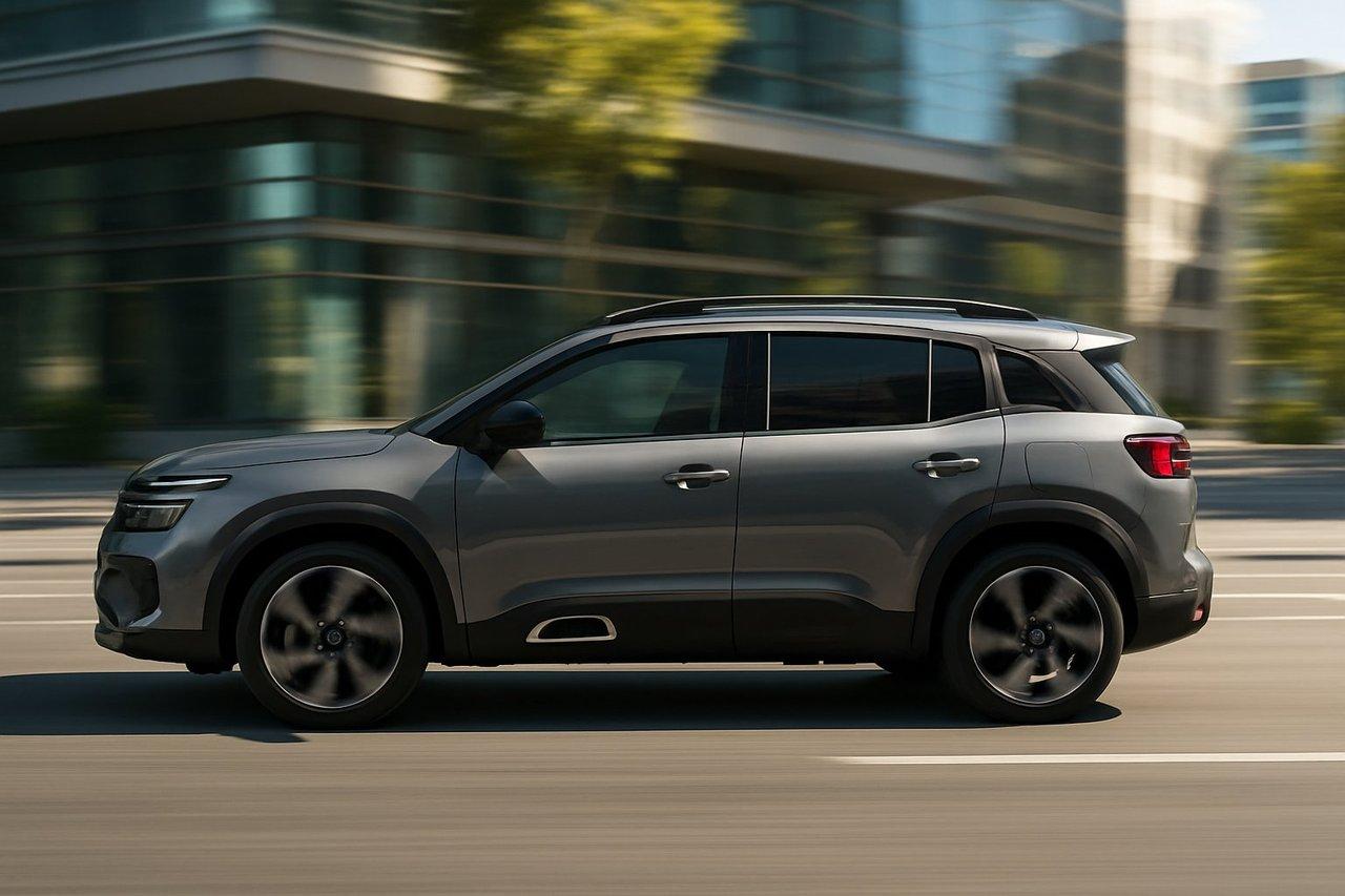 Vue latérale professionnelle du Citroën C5 Aircross 2025 sur route, design moderne et robuste en ambiance urbaine dynamique.