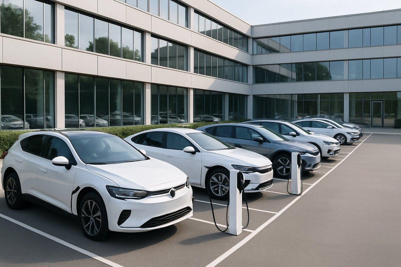 Vue panoramique d’un parking d’entreprise moderne avec plusieurs voitures électriques en recharge sur des bornes.