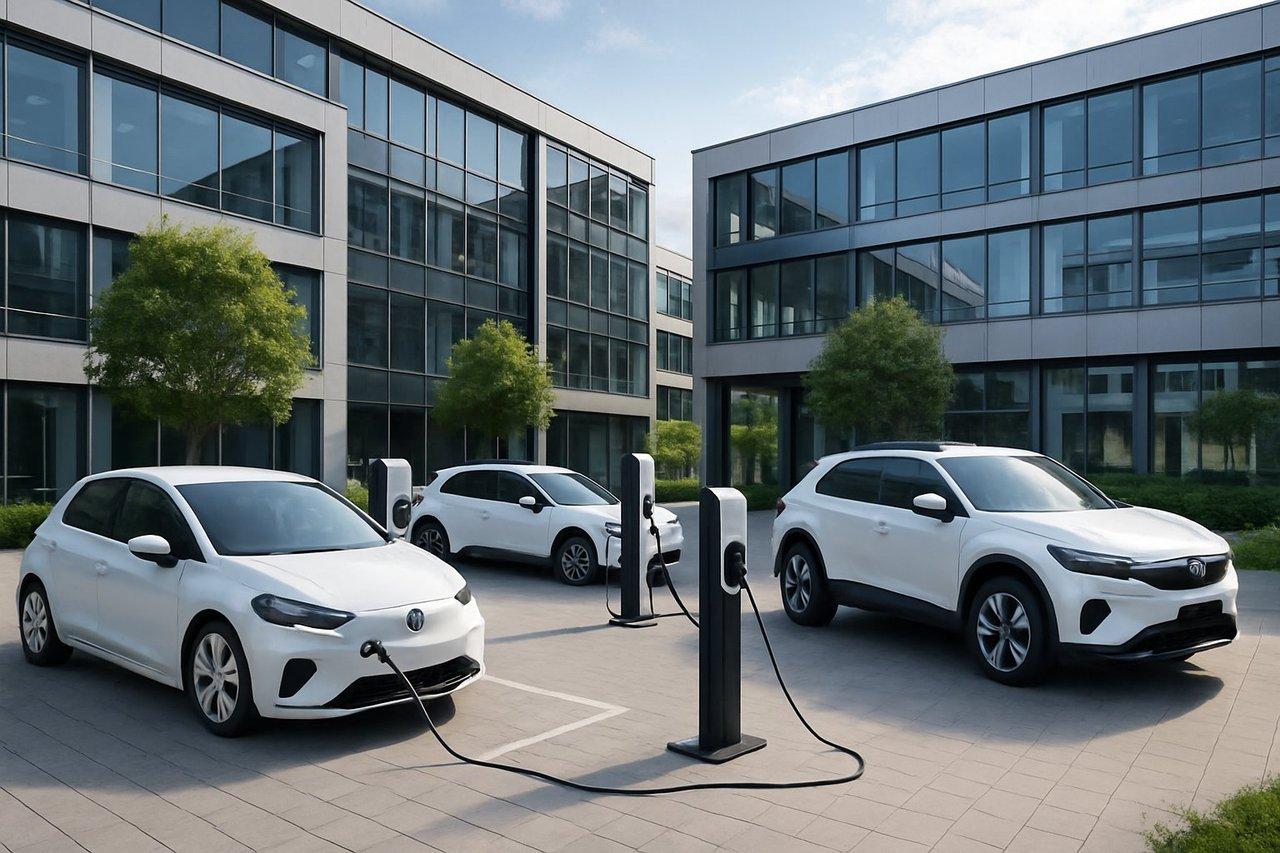 Vue panoramique d’une cour d’entreprise moderne avec flotte de véhicules électriques citadins et SUV en recharge sur bornes rapides.