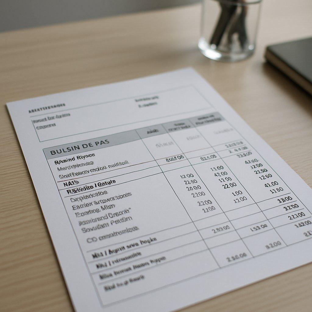 Vue rapprochée d’un bulletin de paie professionnel avec détails sur un avantage en nature véhicule, sur bureau moderne.