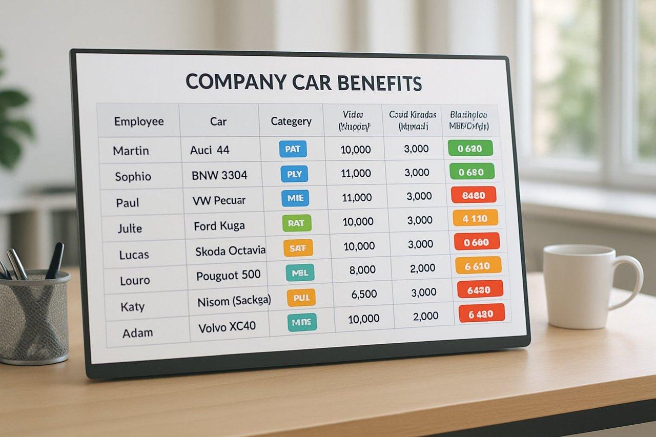 Vue schématique réaliste d’un tableau de gestion d’une flotte automobile avec suivi précis des avantages en nature pour 2026.