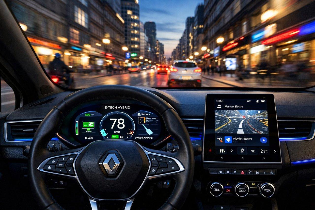 Vue urbaine d’une Renault Clio hybride e-Tech en circulation avec tableau de bord digital lumineux, ambiance moderne et dynamique.